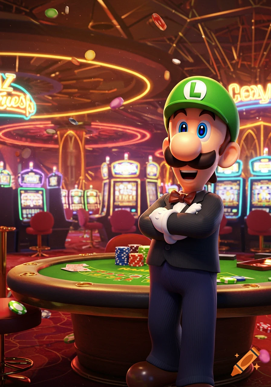 Luigi in a suit and green cap stands with arms crossed in a brightly lit casino, with poker chips falling around him.