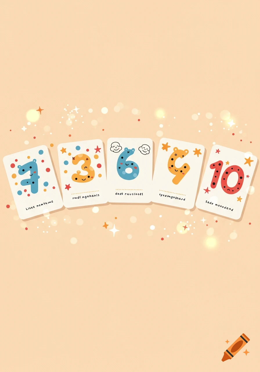 Five cartoon number cards (1, 3, 6, 9, 10) with faces and colorful dots, displayed on a sparkling peach background.