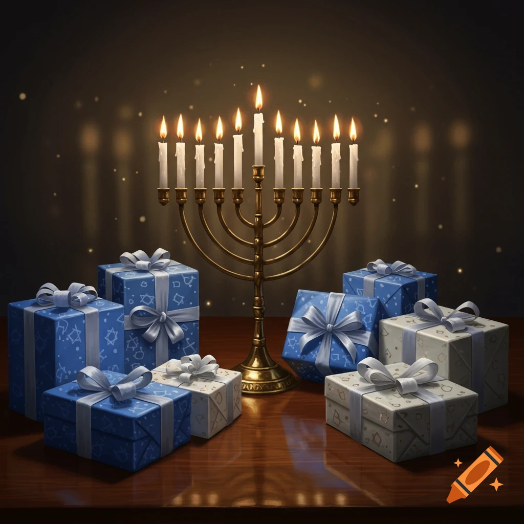 A brass menorah with nine lit candles surrounded by blue and white wrapped gifts on a wooden table.