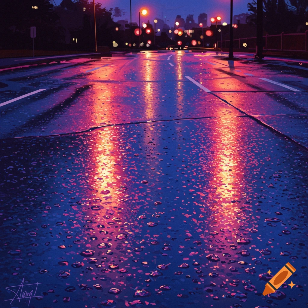 A wet road at night reflecting vibrant pink and orange city lights and ...