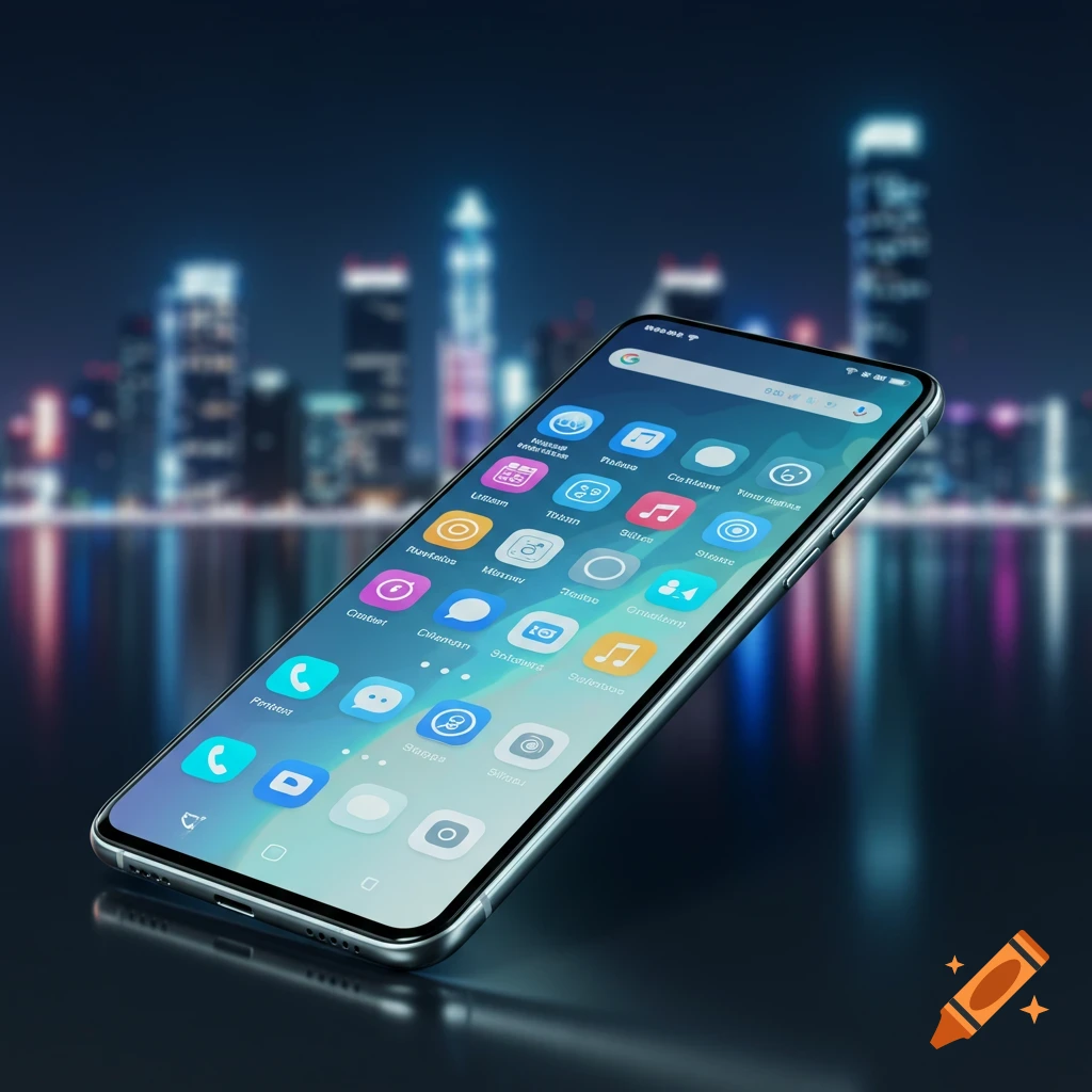 A sleek smartphone displaying a colorful app grid, against a blurred night city skyline.
