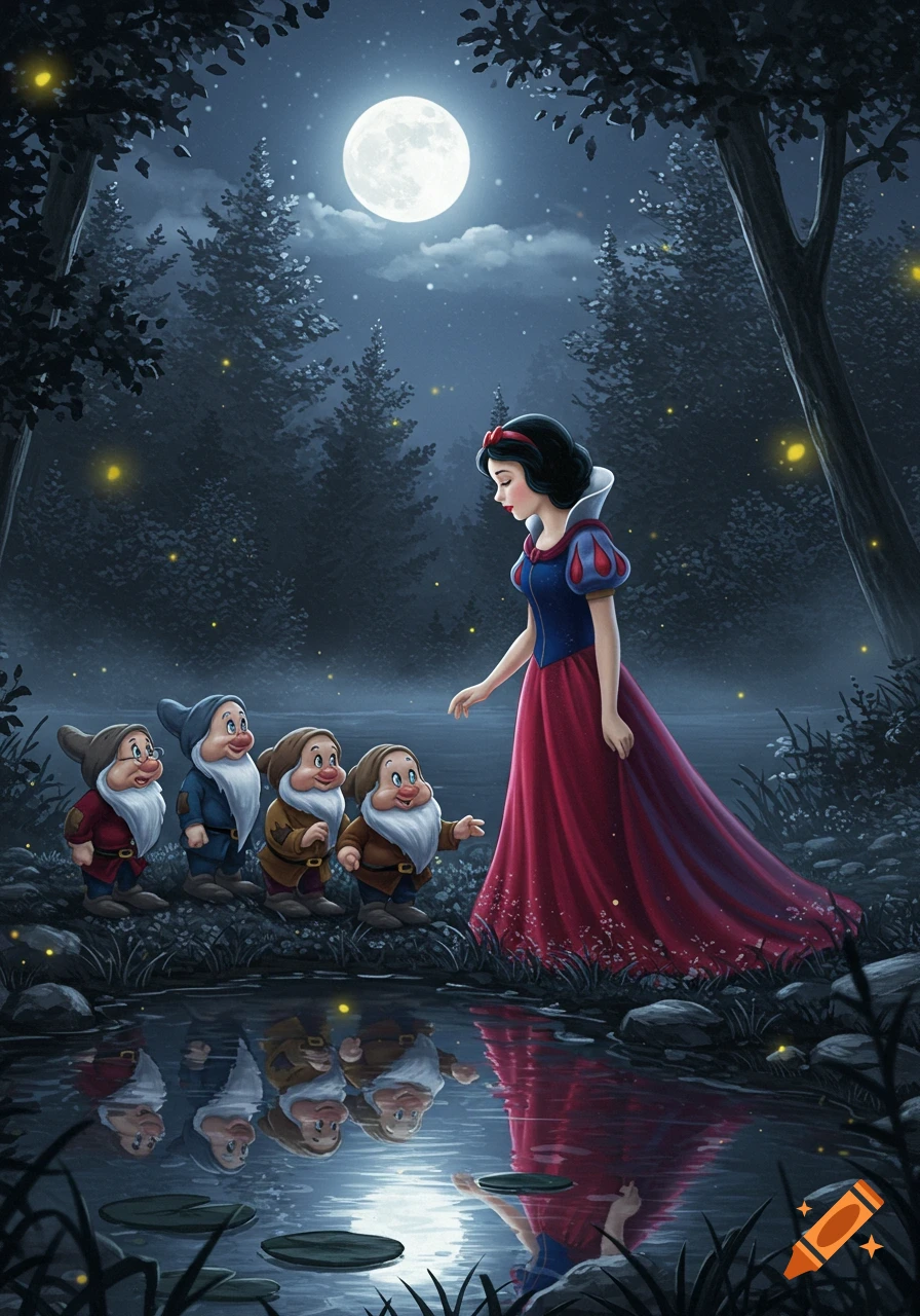 Snow White in a red and blue dress and four dwarfs stand by a reflective lake under a full moon in a dark forest at night.