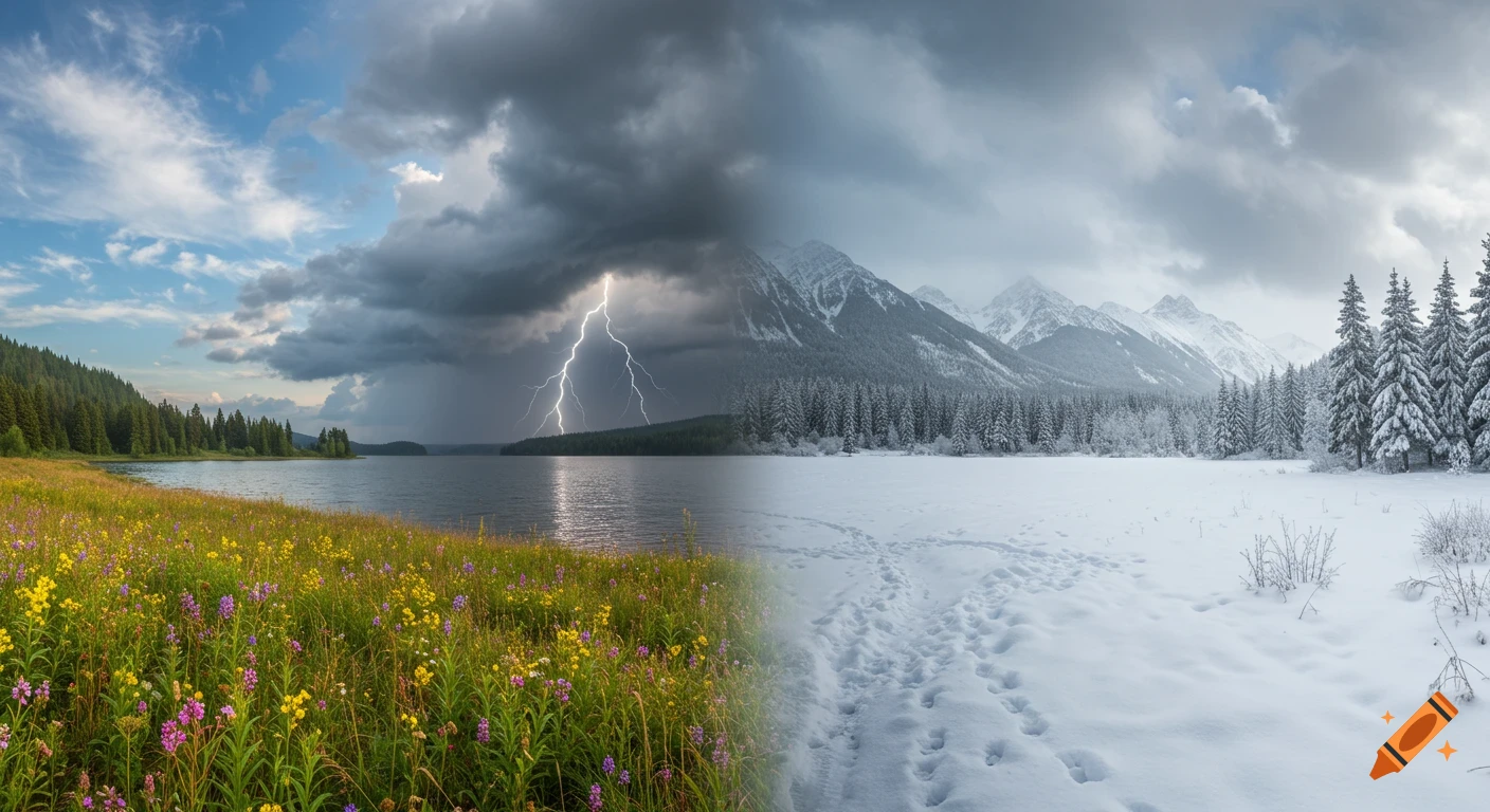 Photorealistic landscape showing three seasons: a sunny meadow, a stormy lake with lightning, and a snowy mountain scene.