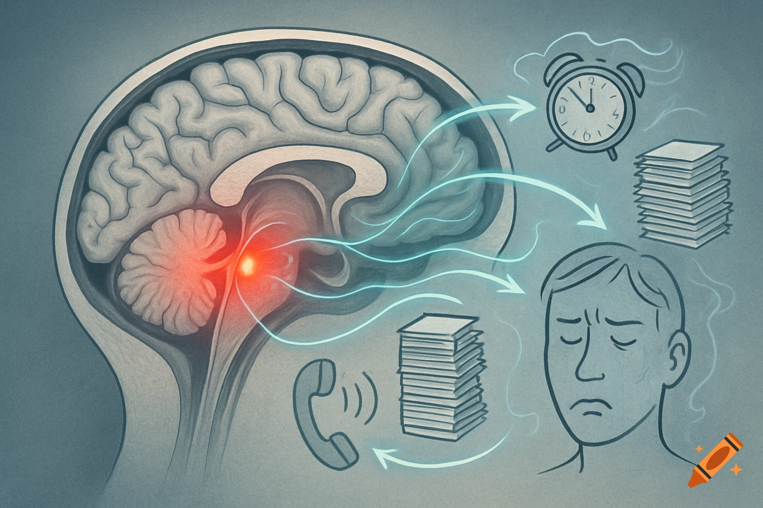 An illustration showing a cross-section of a human brain with a glowing amygdala, connected by blue arrows to a stressed person's head surrounded by an alarm clock, stacks of paper, and a ringing phone, symbolizing stressors.