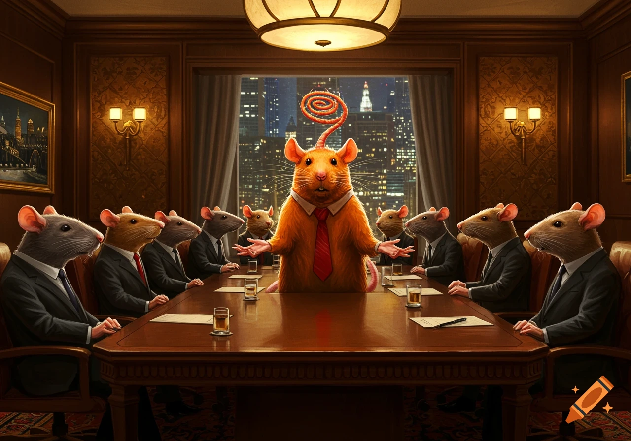A large orange rat in a red tie gestures emphatically at a boardroom table with several other rats in suits, a city skyline visible at night.
