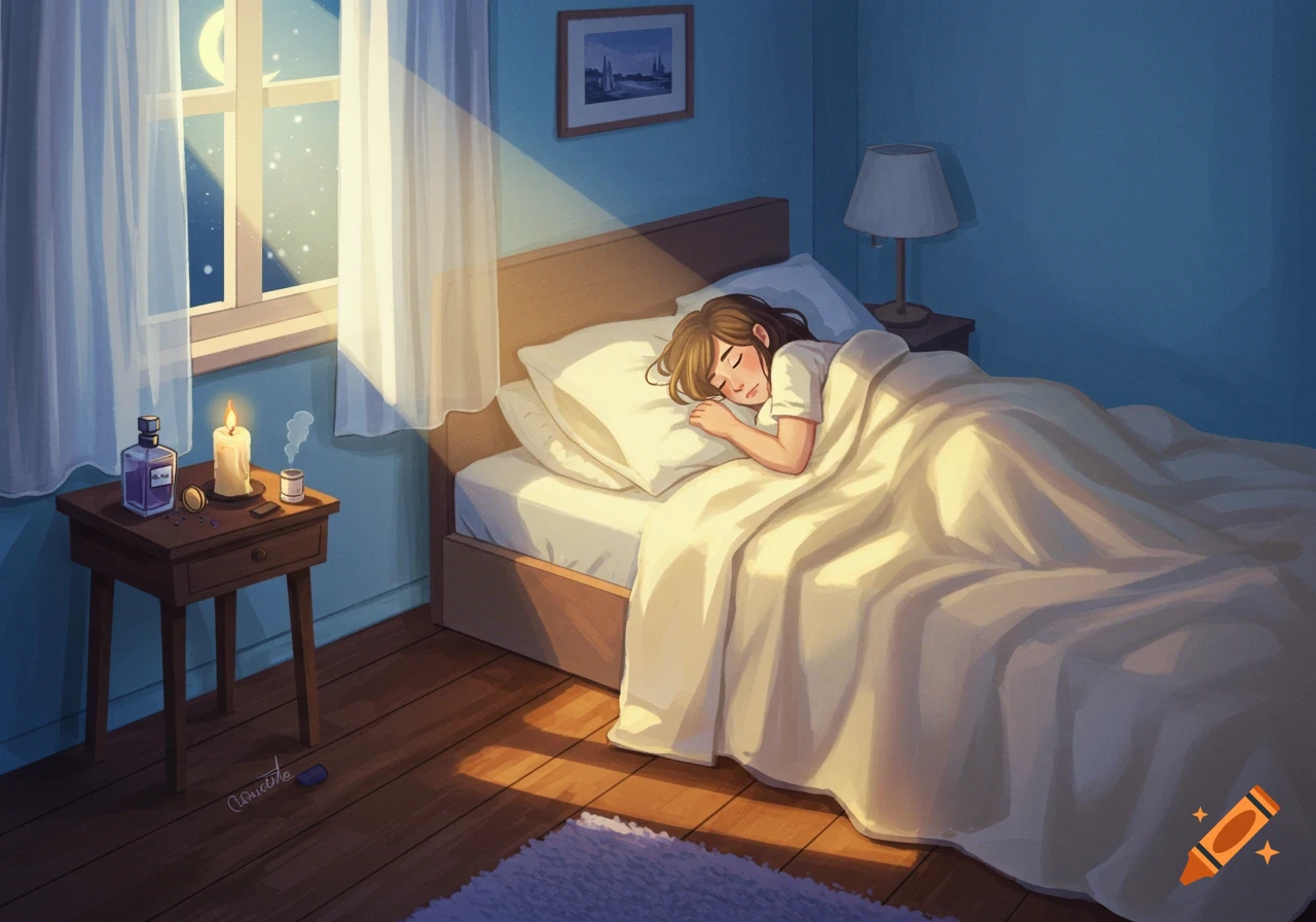 An illustration of a person sleeping peacefully in a cozy bed in a softly lit bedroom at night with moonlight streaming through the window.