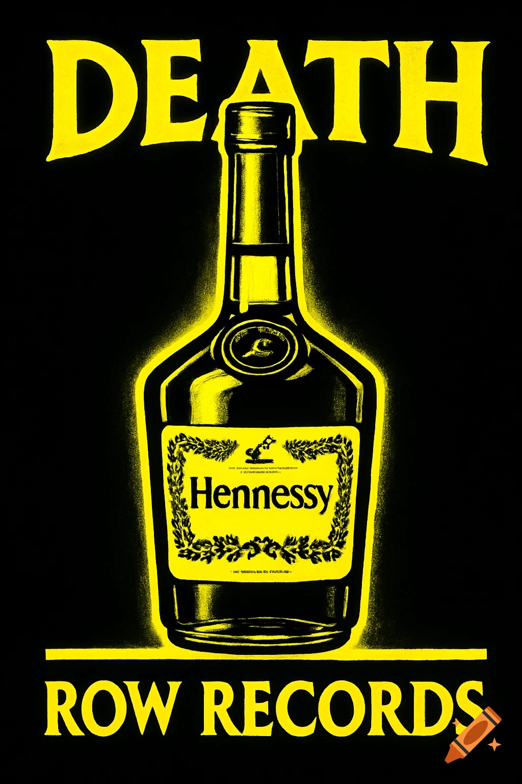 A neon yellow Hennessy bottle against a black background. Above the bottle, "DEATH" is written in yellow. Below the bottle, "ROW RECORDS" is written in yellow.