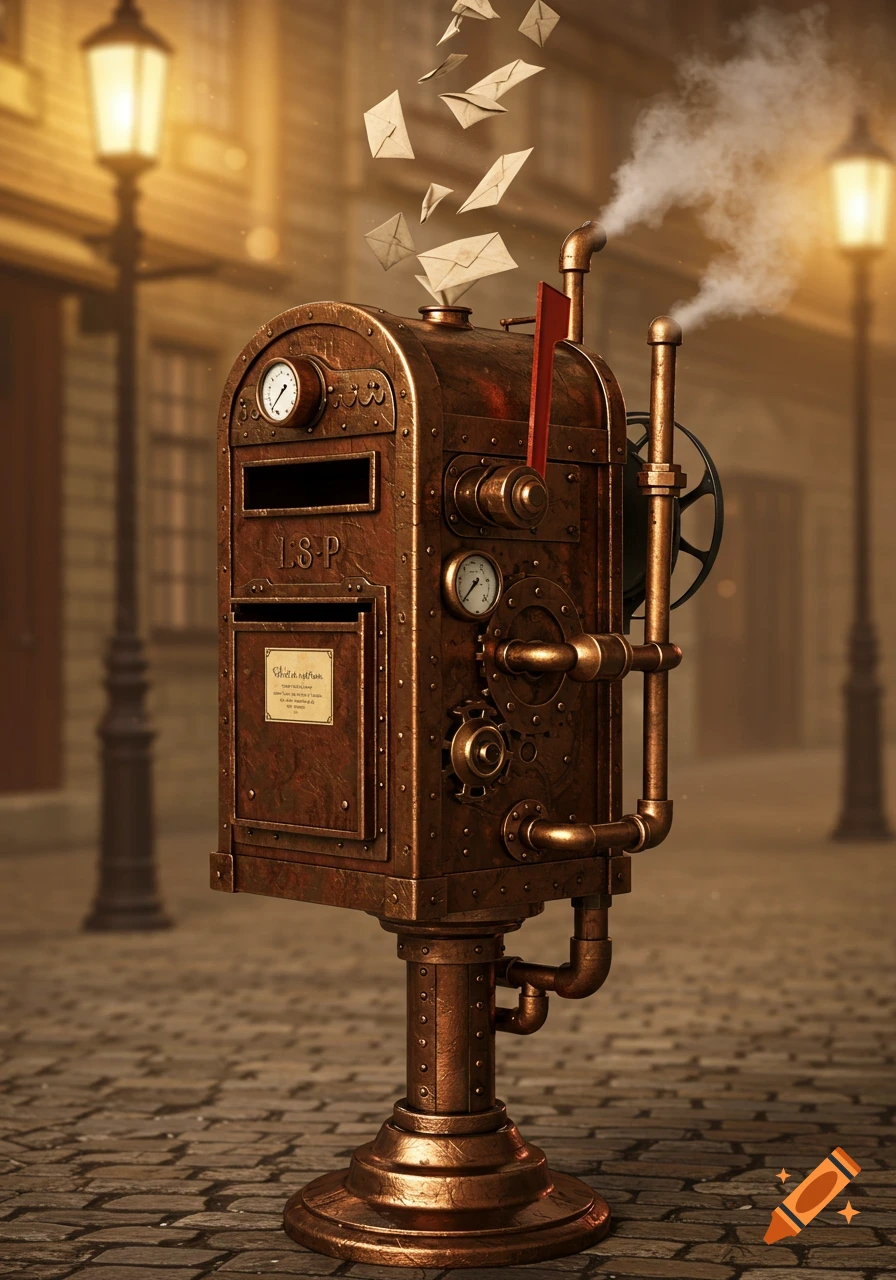 A rustic steampunk mailbox on a cobblestone street, emitting smoke, with gears and pipes, as letters fly from its top.