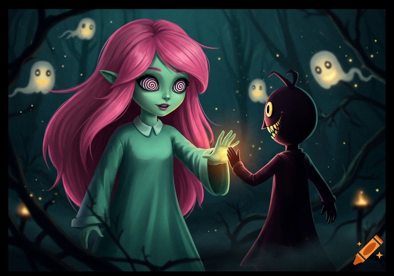 A green-skinned girl with long pink hair and spiral eyes reaches out to a dark, grinning, one-eyed creature in an eerie, ghost-filled forest.
