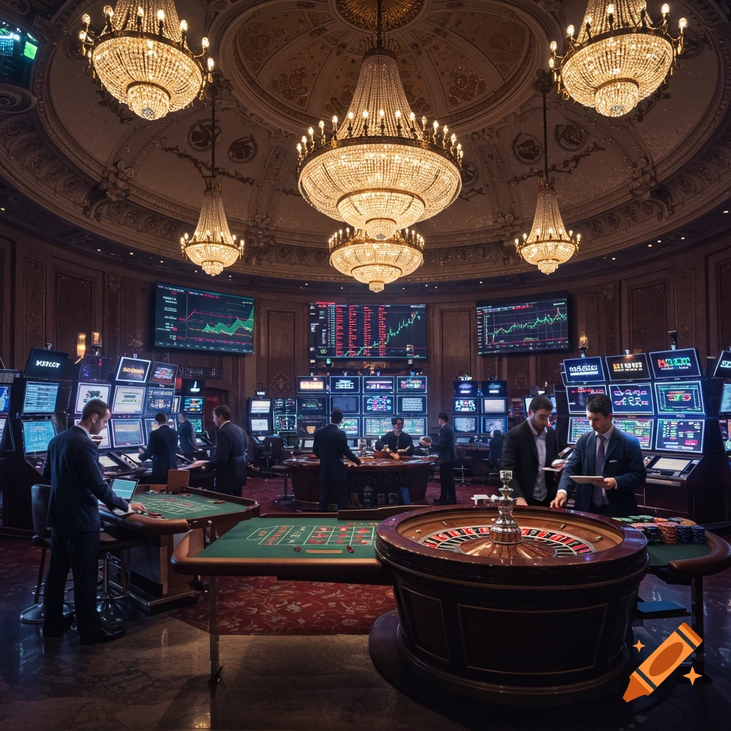 A grand casino hall with ornate chandeliers, several men in suits at gaming tables, and numerous screens displaying stock market data and charts.