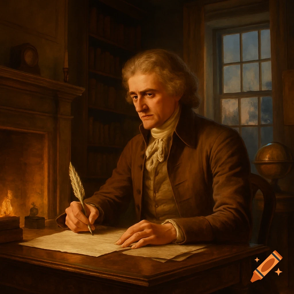 A man in colonial attire with powdered hair sits at a desk, writing with a quill pen by firelight in a painting style.