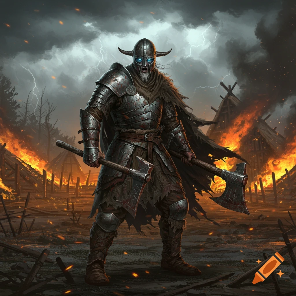 Heavily armored warrior with glowing blue eyes holds two axes in a burning village under a stormy, lightning-filled sky. Dark fantasy art style.
