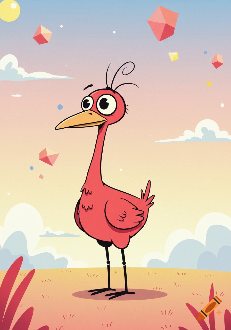 A red cartoon Shadok with big eyes and a long beak stands in a pastel landscape with floating geometric shapes.