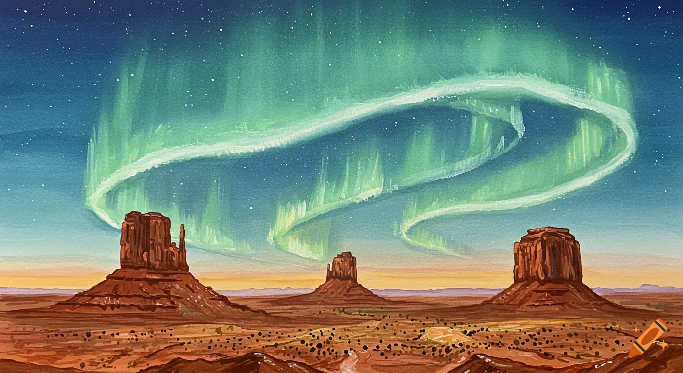 Watercolor painting of Monument Valley at sunset with a green and turquoise aurora borealis in the sky.