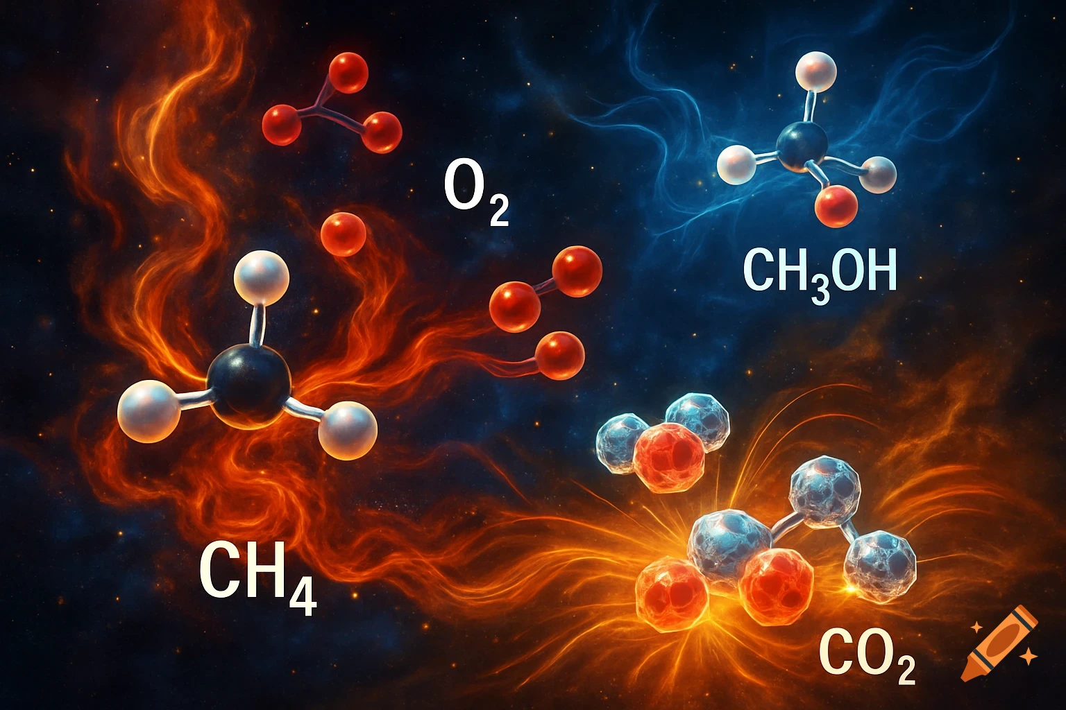 Ball-and-stick models of methane (CH4), oxygen (O2), methanol (CH3OH), and carbon dioxide (CO2) against a dark, fiery background.