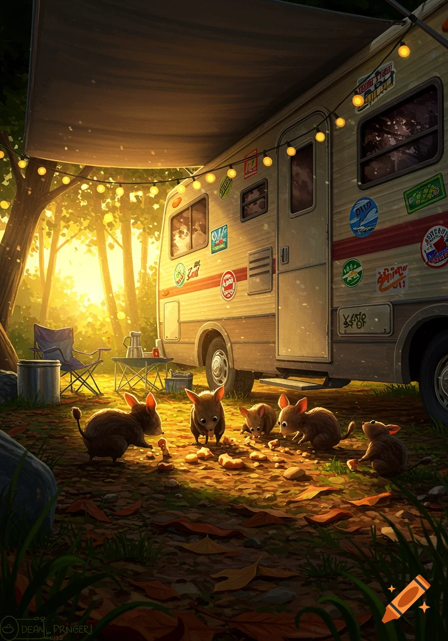 A group of cute, small rodents gather on a forest floor, picking up bread crumbs under the awning of a large RV, bathed in warm golden sunlight.