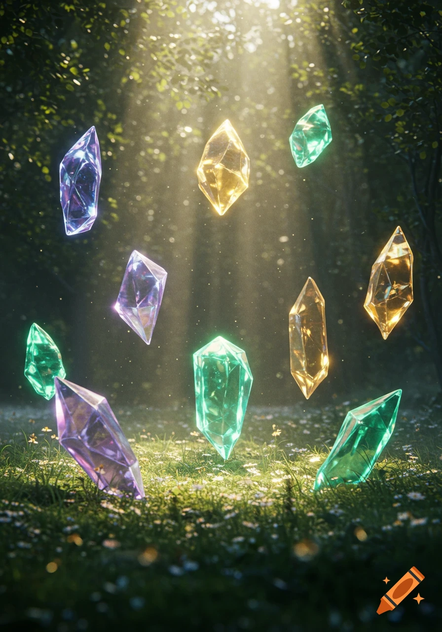 Glowing purple, yellow, and green gem shards float and rest on a lush forest floor bathed in sunlight.