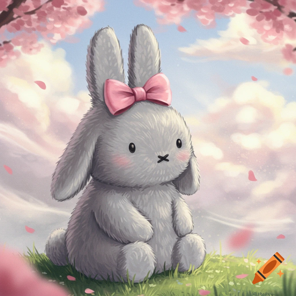 A fluffy grey bunny plush with a pink bow sits in a grassy field under ...
