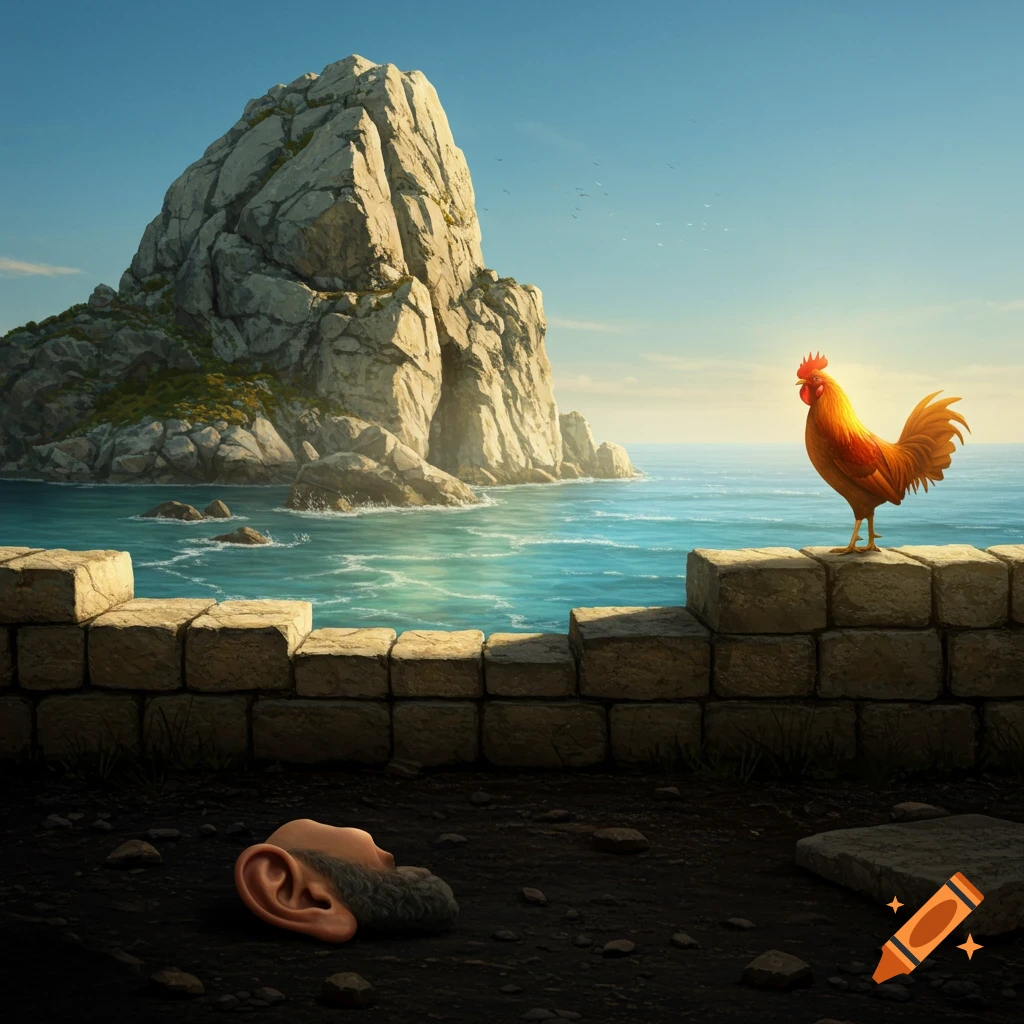 A rooster on a stone wall overlooks a rocky island in the sea. A severed ear with a beard lies on the ground.