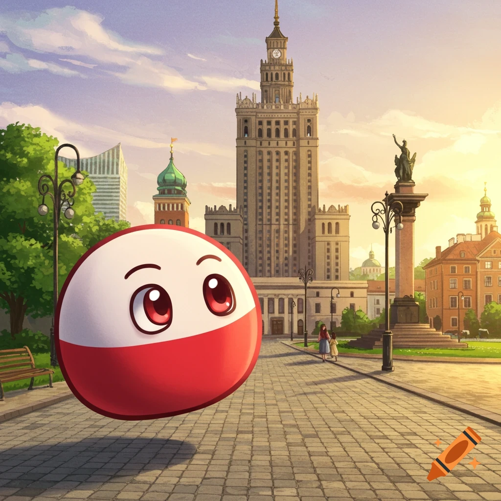 A cartoon Polandball character floats in a vibrant city square with the Palace of Culture and Science and other buildings in the background.
