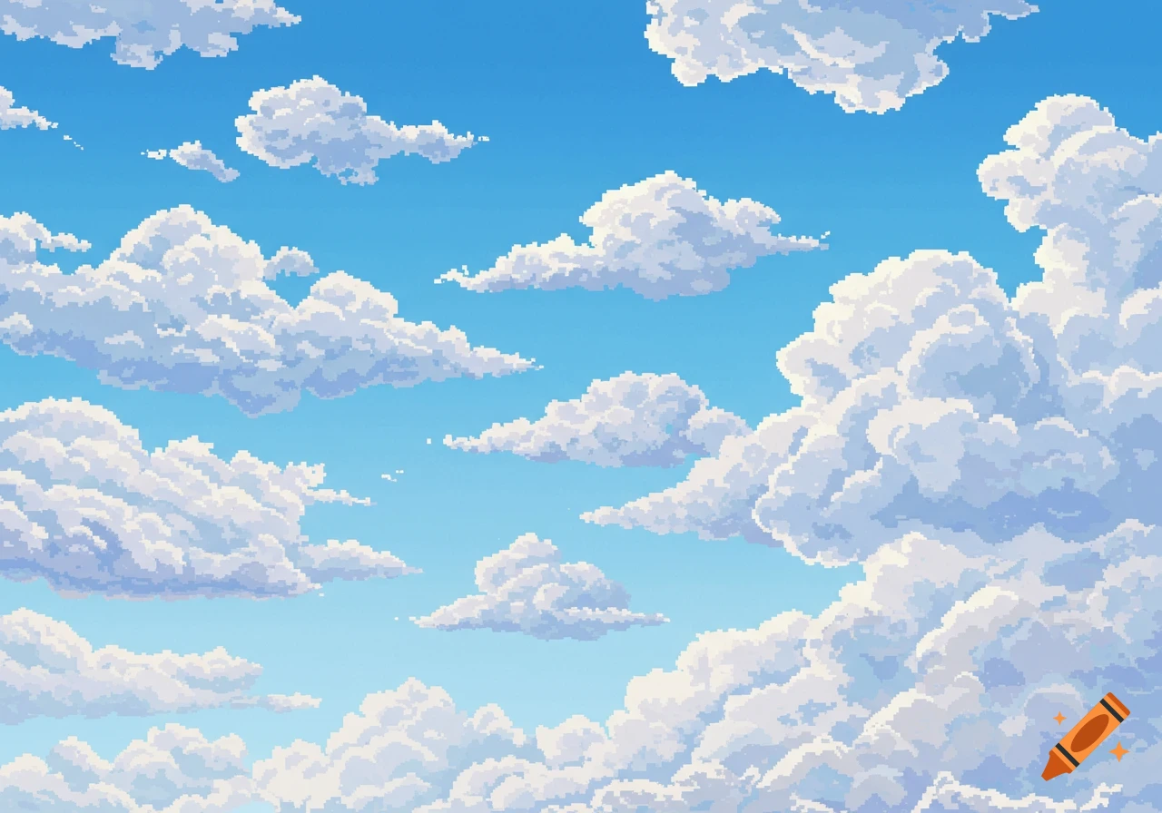Pixel art depiction of a bright blue sky filled with fluffy white clouds.
