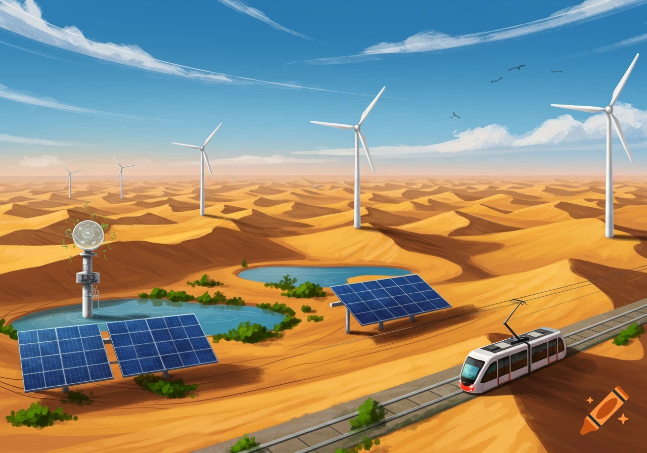 An illustration of a desert landscape with wind turbines, solar panels, a train, and small oases, depicting sustainable energy.