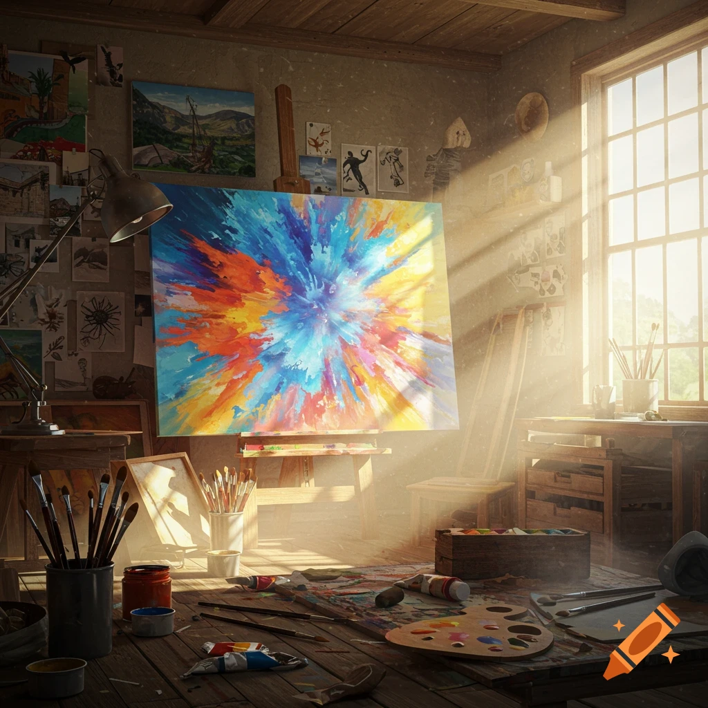 A sunlit artist's studio with a vibrant abstract painting on an easel, surrounded by brushes, paints, and art supplies on a wooden table.