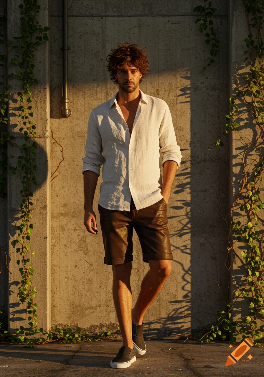 A man with curly brown hair, wearing an open white linen shirt and brown leather shorts, stands against a concrete wall with green vines in dappled sunlight.