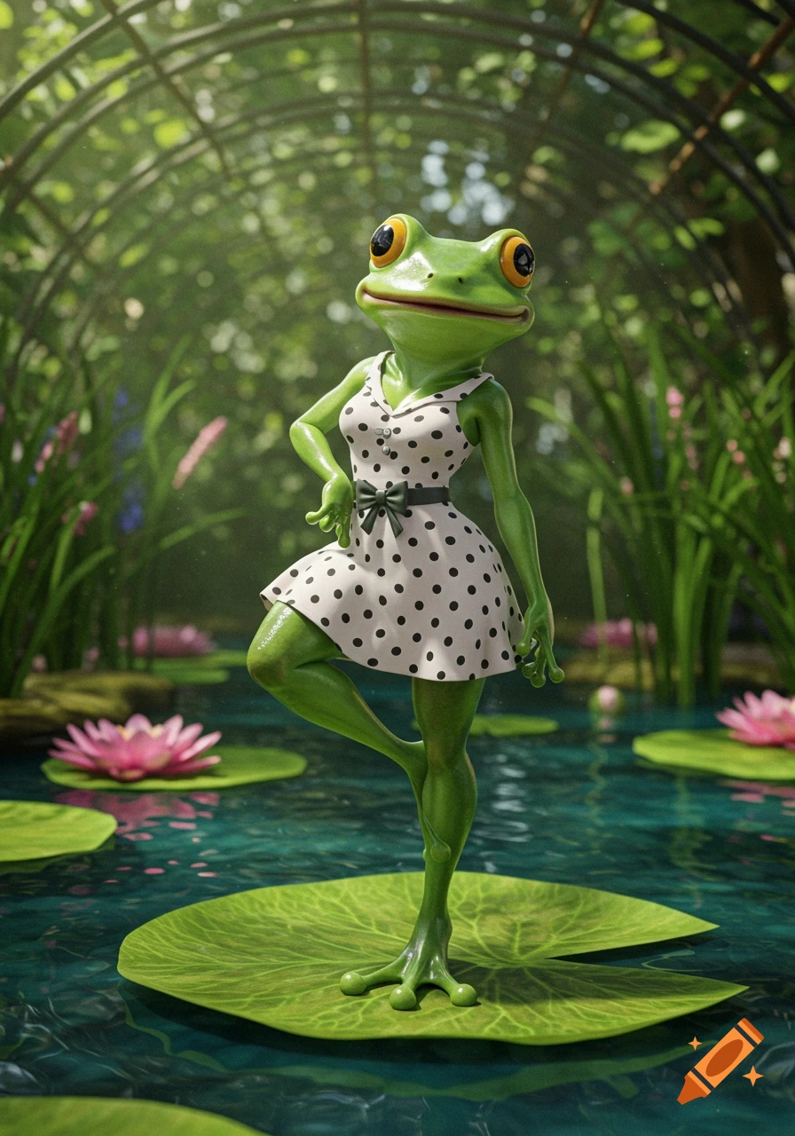 A green female frog in a white polka dot dress striking a pin-up pose on a lily pad in a pond with lush greenery.