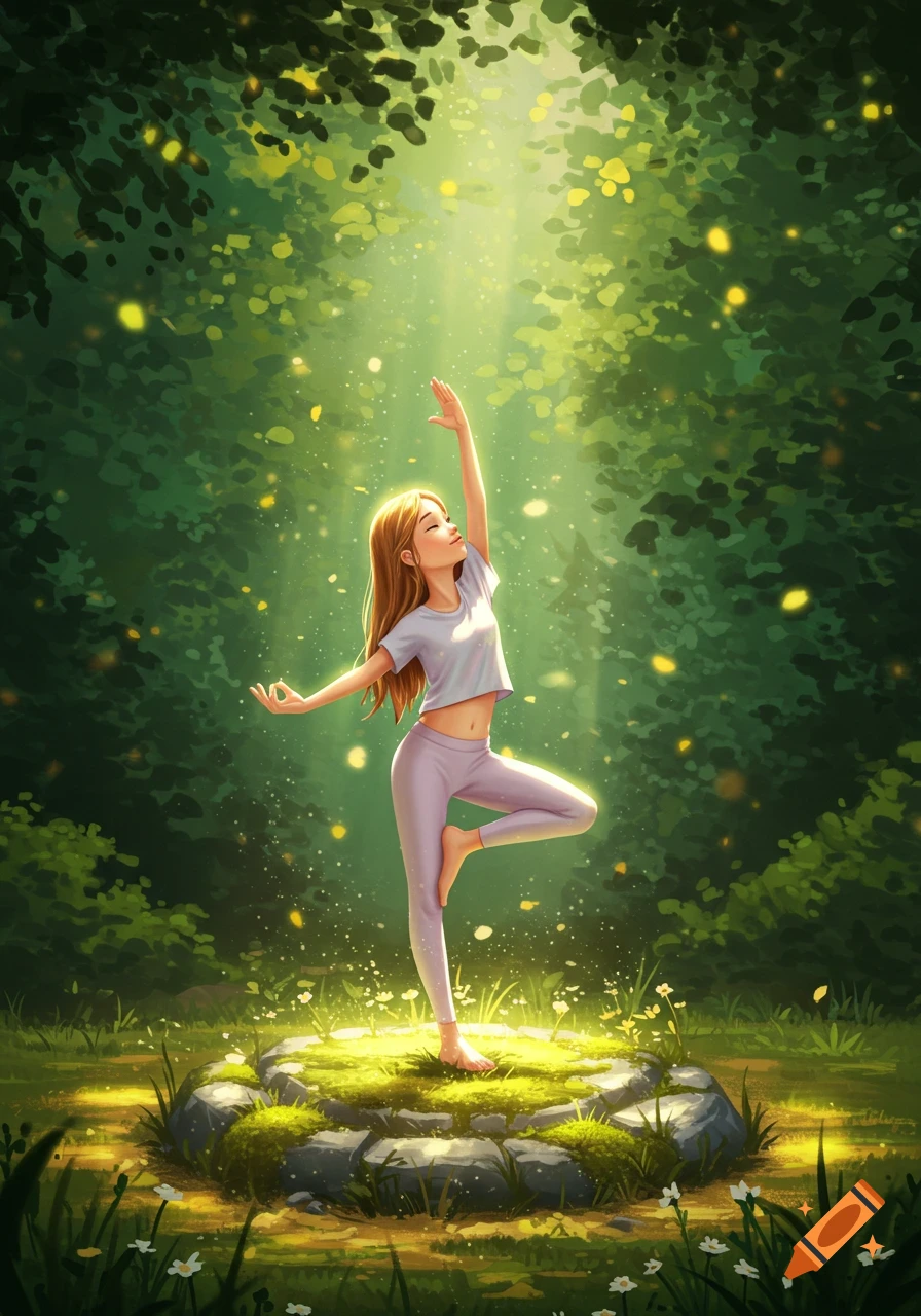 A stylized illustration of a woman in a yoga pose on a mossy stone in a glowing, sun-dappled forest.