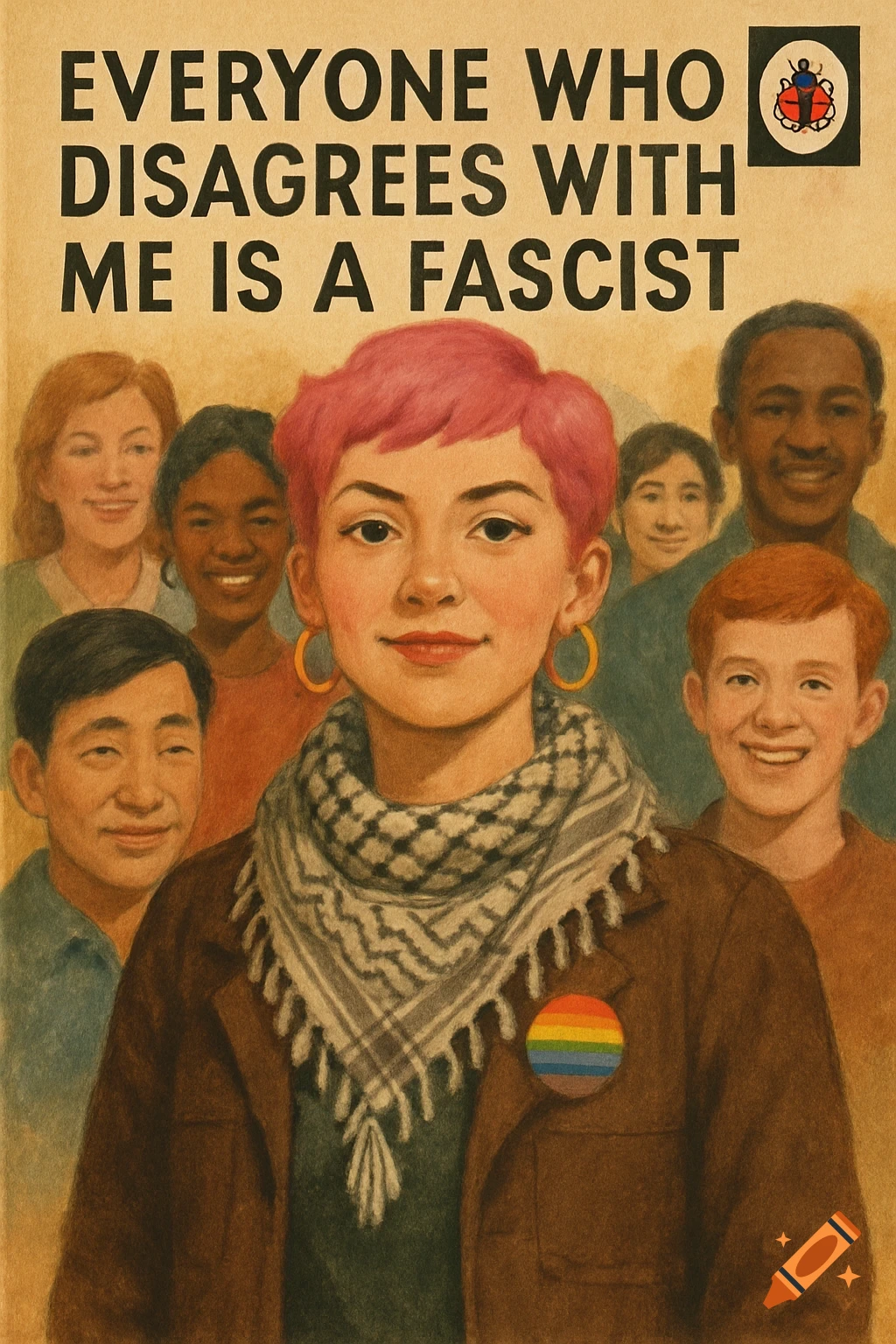 A vintage-style illustration of diverse people; a pink-haired woman with a Palestinian scarf and rainbow badge in front. Text: 'Everyone who disagrees with me is a fascist'.