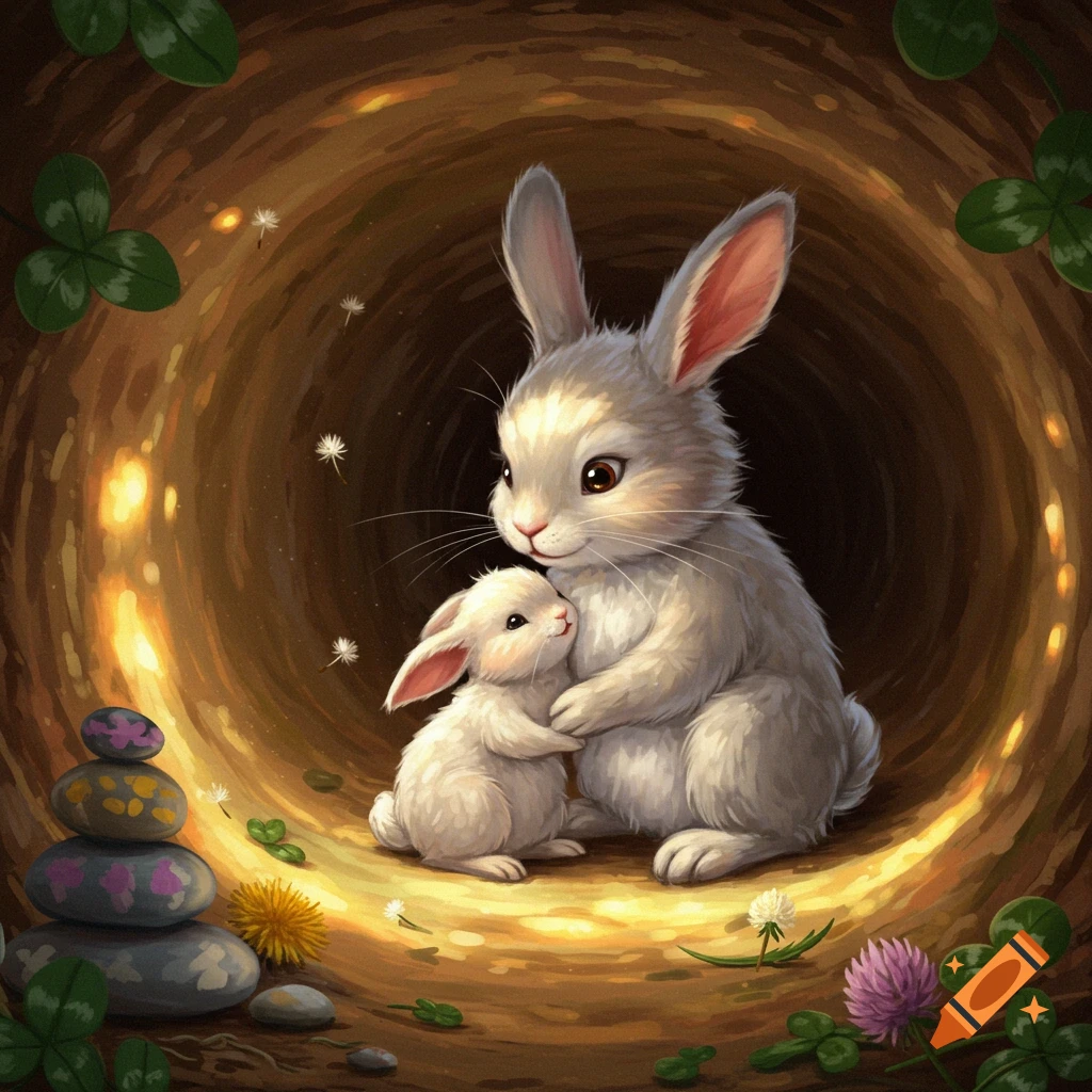 An illustration of a large white mother bunny hugging a smaller baby bunny inside a glowing earthen burrow with clovers and dandelions.