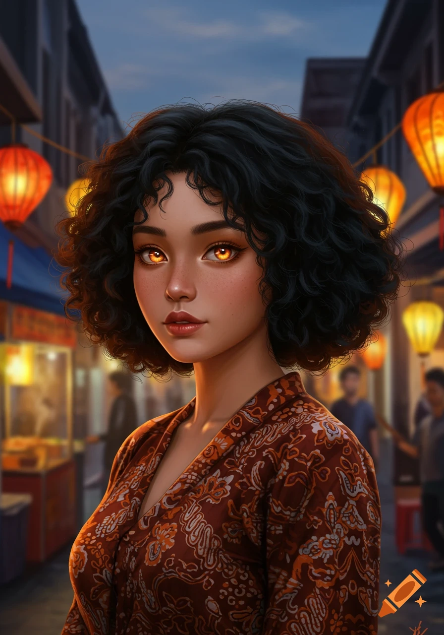 Digital painting of a young woman with dark curly hair and glowing ...
