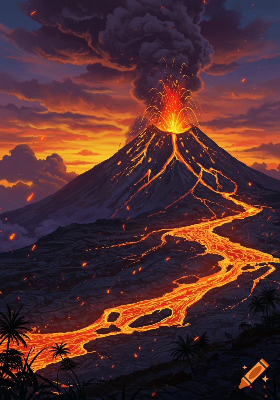 Vibrant digital illustration of a volcano erupting at sunset, with fiery lava flowing down its slopes and thick smoke filling the red-orange sky.