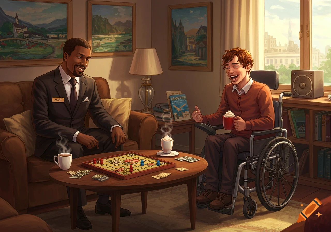 Two men, one in a suit and one in a wheelchair, smile and laugh while playing a board game in a sunlit living room.