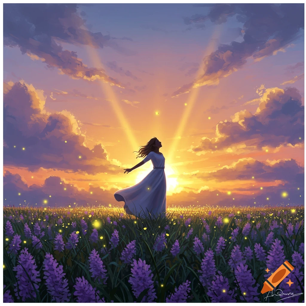 A woman in a white dress stands in a field of purple flowers under a ...