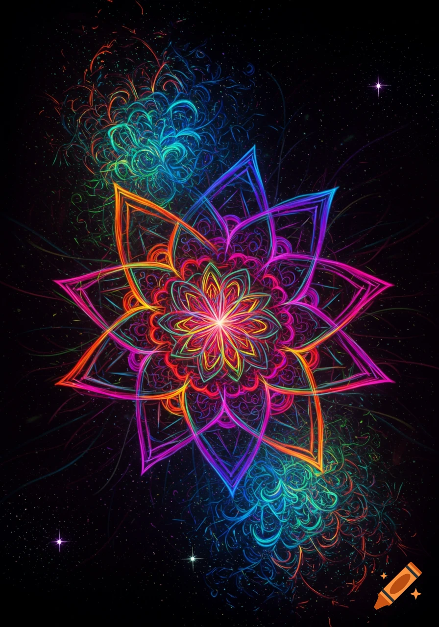Vibrant, glowing psychedelic mandala with intricate colorful patterns on a dark, star-speckled background.
