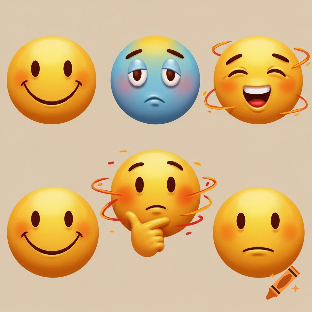Six 3D emoji faces displaying various emotions, including happy, sad, laughing, thinking, and neutral, on a plain background.