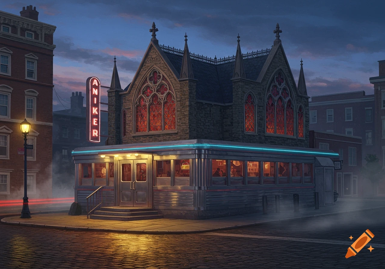 A retro American diner with a gothic stone roof and red stained-glass windows, featuring a vertical "ANIKER" neon sign, sits on a cobblestone street at dusk.