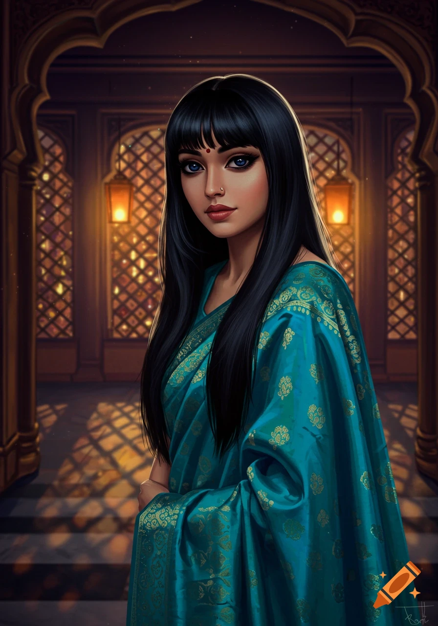 A beautiful Indian woman with long black hair, wearing a teal and gold patterned sari, stands in an ornate, dimly lit palace interior. Digital art.