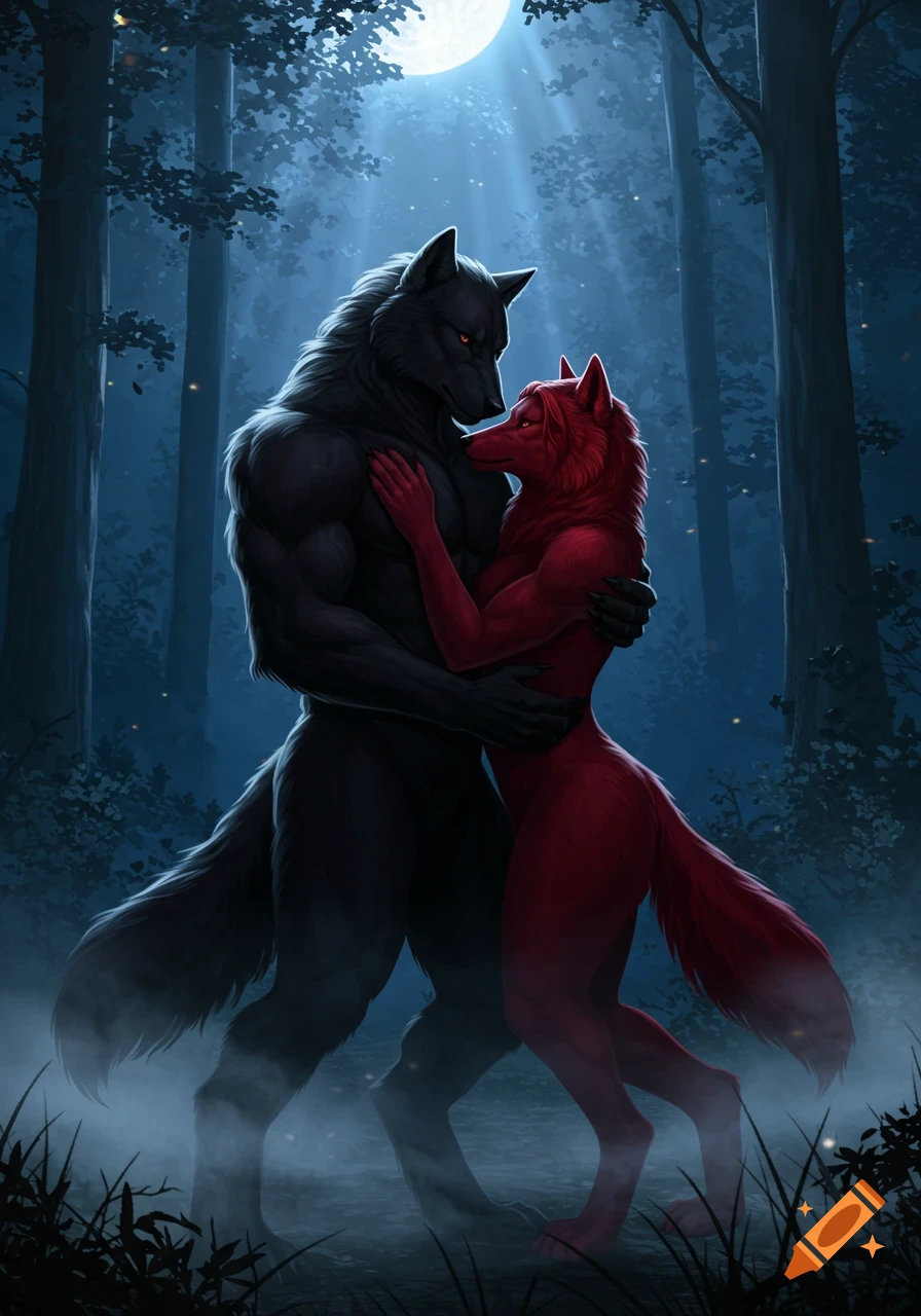A black and a red anthropomorphic wolf embracing in a moonlit forest at night, digital painting.