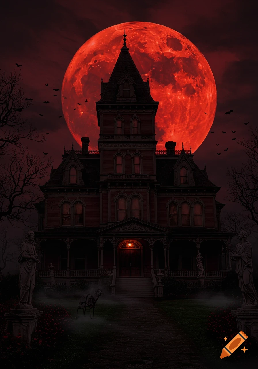 An eerie Victorian mansion stands silhouetted against a huge, glowing red blood moon with bats flying and bare trees.