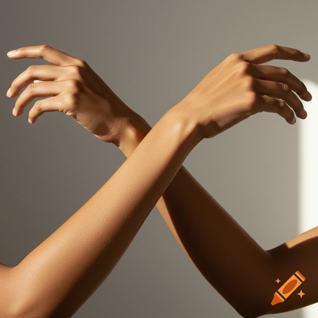 Two crossed human arms with tan skin in natural sunlight against a gray background.