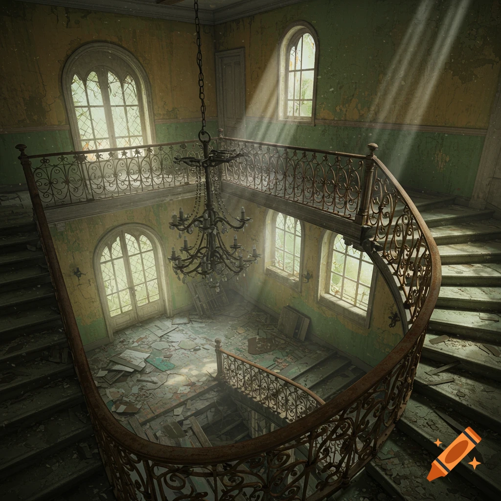 Overhead view of a grand, dilapidated mansion foyer with a curving staircase, chandelier, and sunlight streaming through arched windows onto a debris-strewn floor.