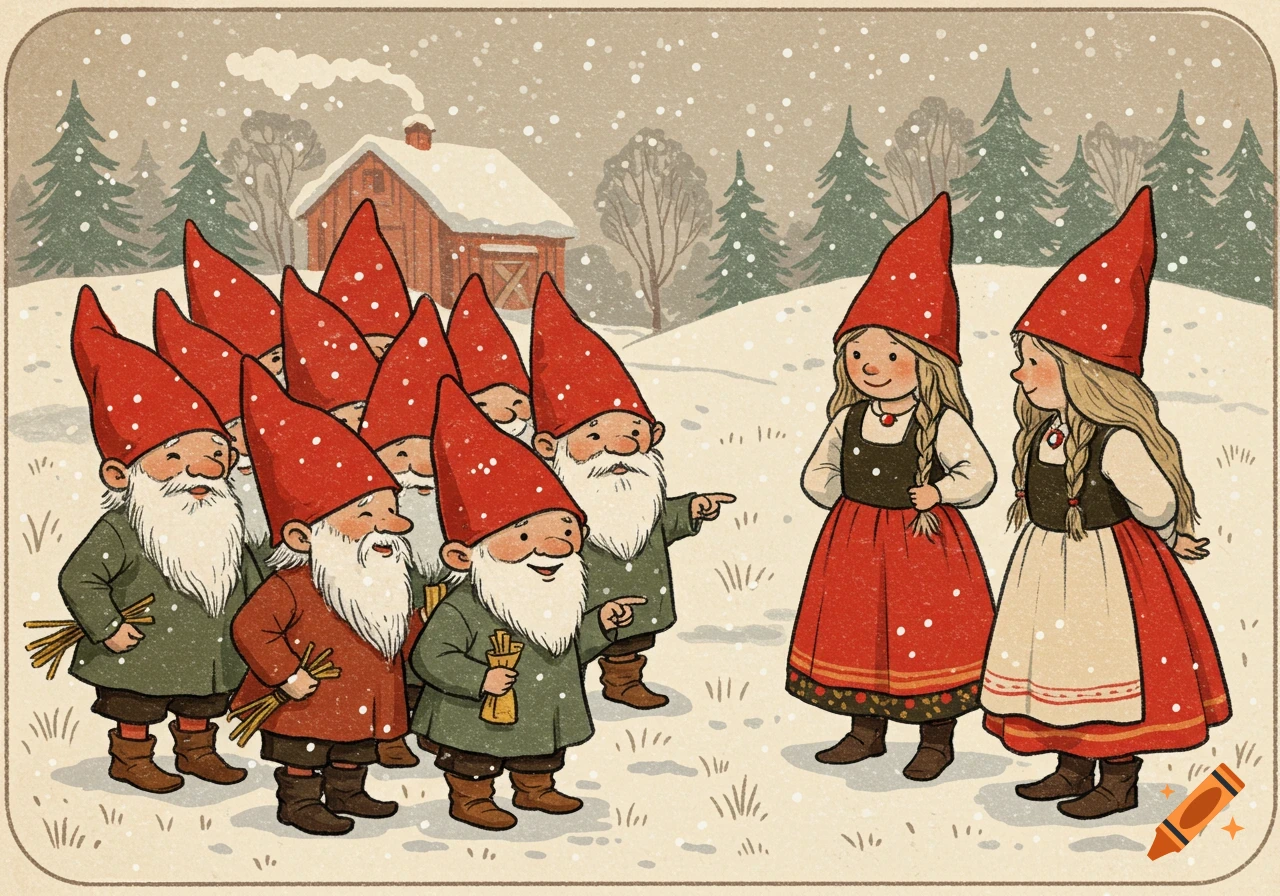 An old-style illustration of gnomes in red hats laughing and pointing at two girls in red skirts in a snowy forest with a cabin.