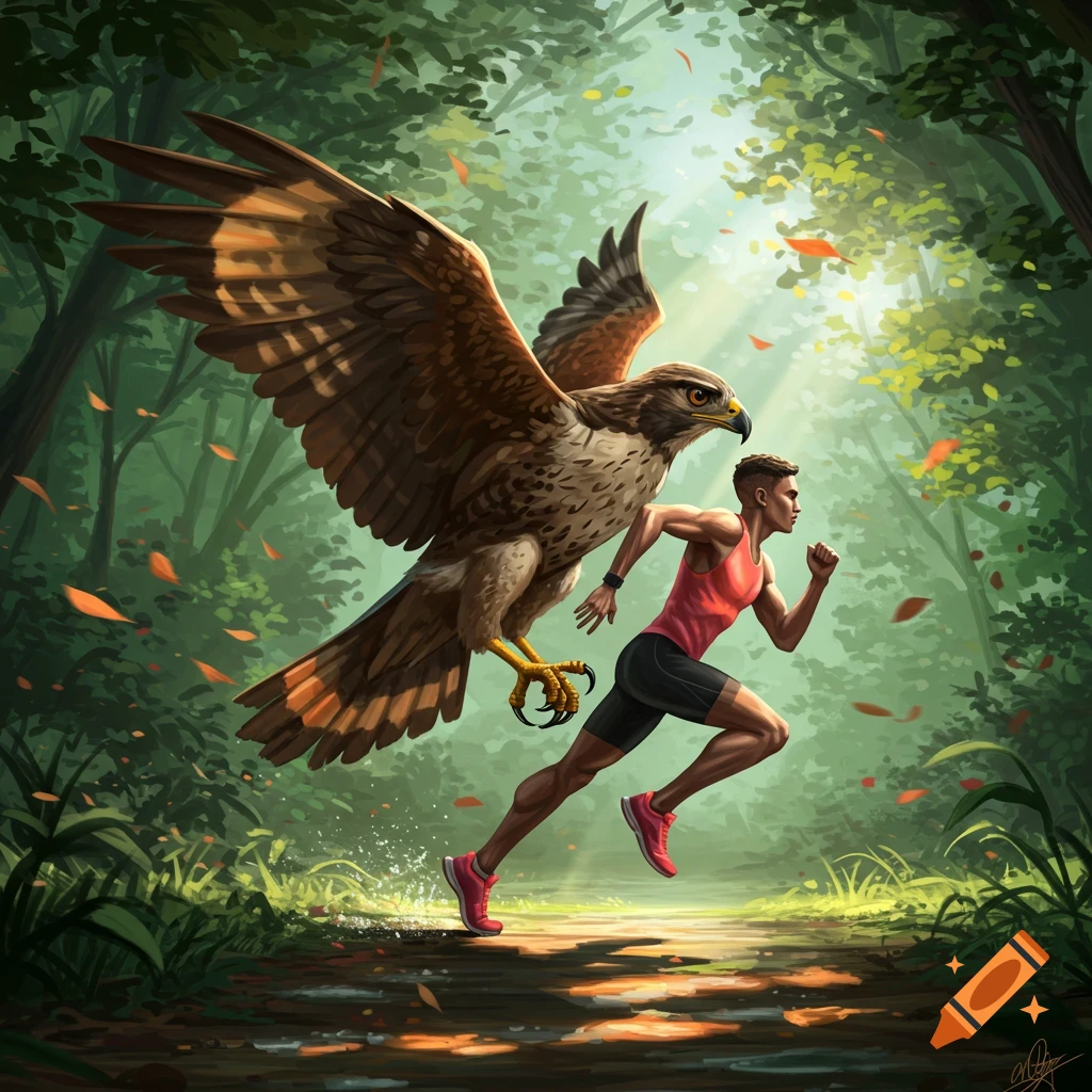 A man in a pink tank top and black shorts runs on a forest path next to a large brown hawk, depicted in a digital painting style.