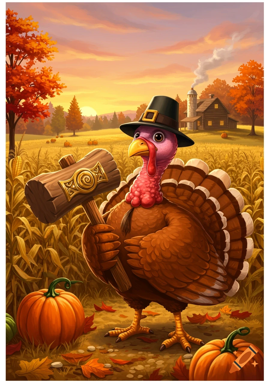 A cartoon turkey wearing a pilgrim hat holds a large wooden hammer in a golden cornfield with pumpkins, autumn trees, and a barn under a sunset sky.