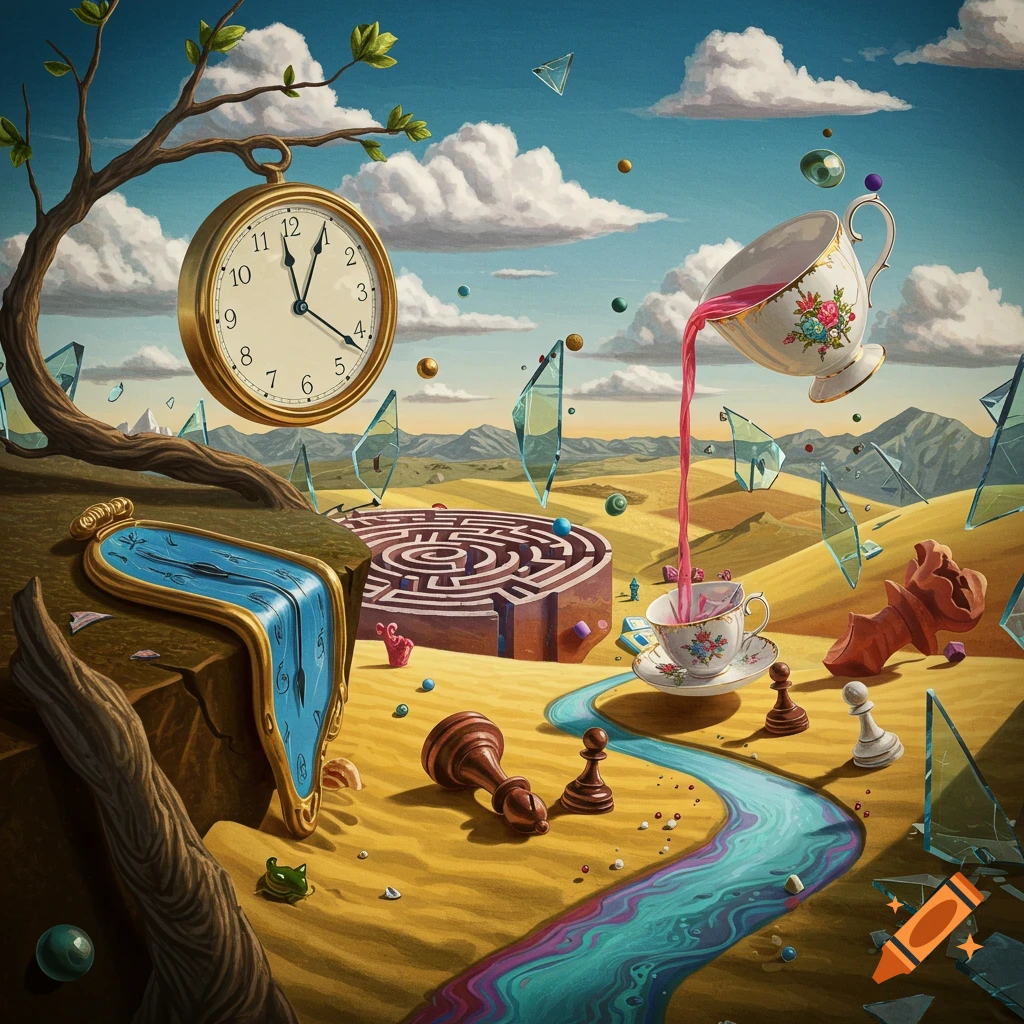 A surreal desert landscape with melting clocks, a teacup pouring liquid, a maze, and chess pieces under a blue sky.