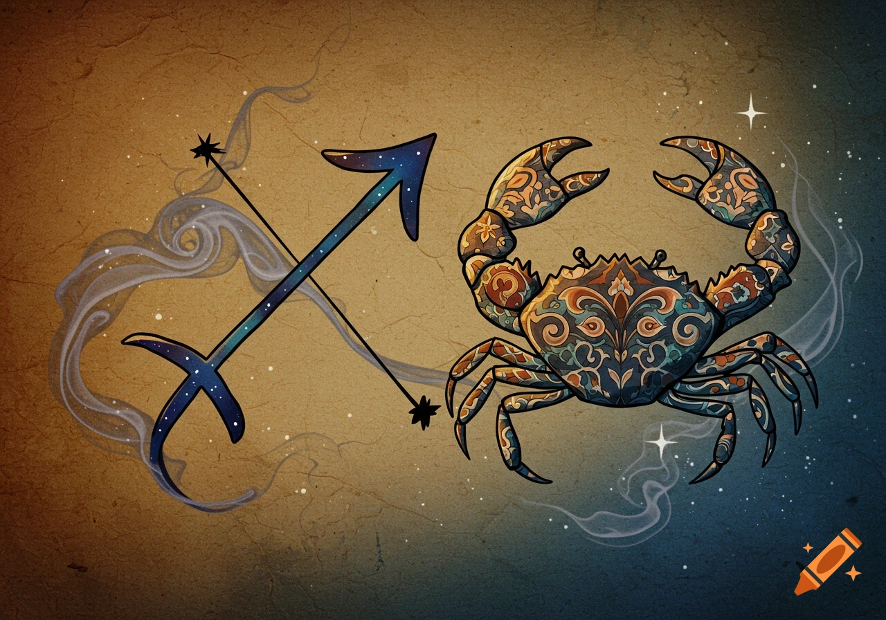 Stylized Sagittarius bow and arrow symbol and a patterned crab for Cancer zodiac sign on a cosmic, textured background.