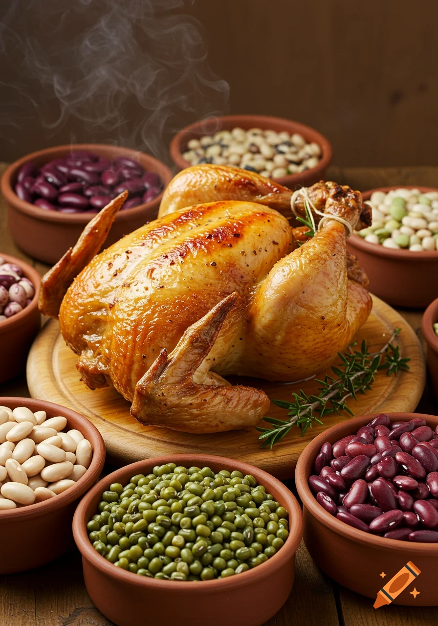 A roasted whole chicken on a wooden cutting board, surrounded by bowls of various raw beans, with steam rising.